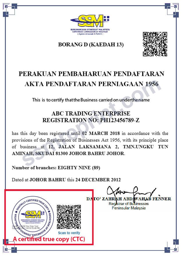 Borang D / Sijil / Certificate - Certified True Copy